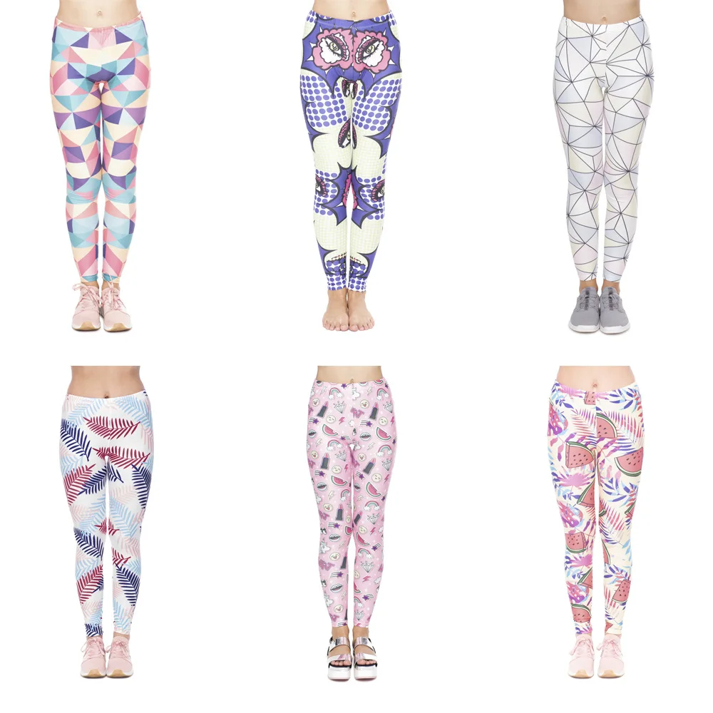 

Geometric plaid European and American printed nine minute pants high-waisted sport large size leggings for women