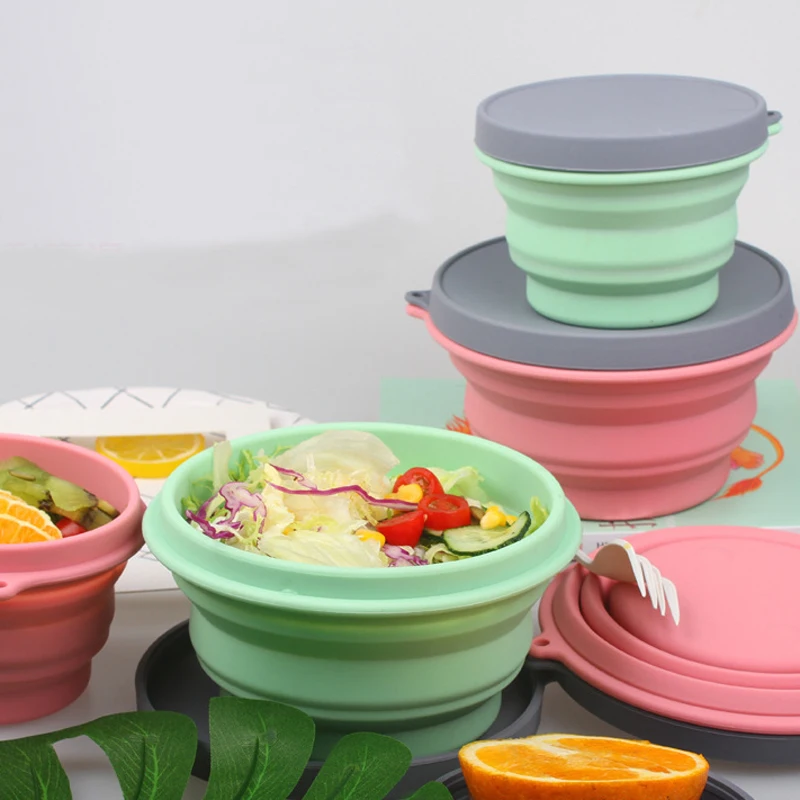 New Folding Collapsible Silicone Bowl with Lid 500ML Expandable Food Storage Containers