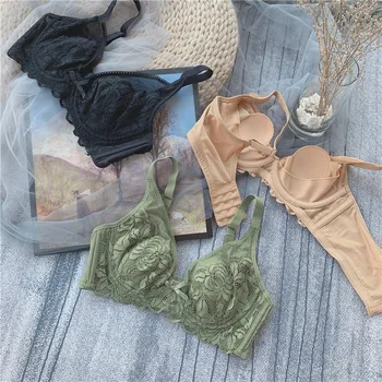 

Wriufred Lace memory soft steel ring bras ultra-thin push up deep v bralette BC cup large size lingerie