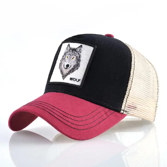 Fashion Animals Embroidery Baseball Caps Men Women Snapback Hip Hop Hat Summer Breathable Mesh Sun Gorras Unisex Streetwear Bone Red2 Wolf