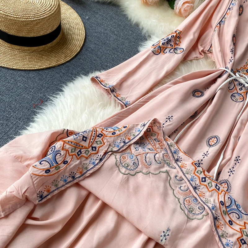 Neploe Indie Folk Vintage Embroidery Dress Fashion O-Neck Sashes Slim Waist Dresses Femme Loose Long Sleeve Mid-Calf Vestidos