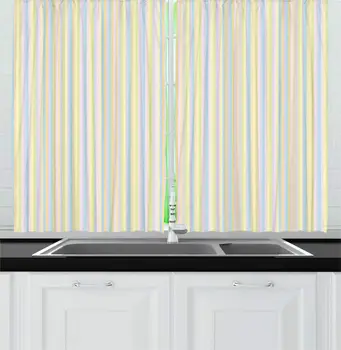 

Multicolor Yellow Striped Kitchen Curtains Pastel Colored Ornamental Geometrical Straight Lines Repetitive Composition Window
