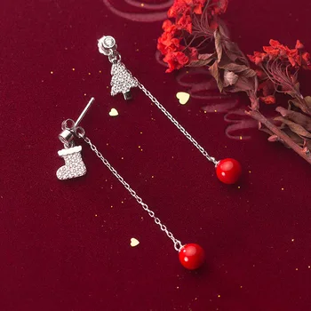 

DAIWUJAN Sweet Asymmetric Zircon Christmas Tree Earrings 925 Sterling Silver Red Pearl Boots Drop Earrings For Women Party Gifts