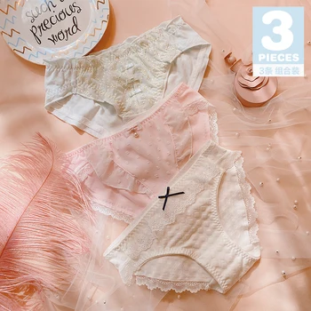 

3 pcs Sweet Japanese Underwear Ladies Cotton Mid Waist briefs Teenage girl Lace Embroidery Sexy Breathable Women's Cute Panties