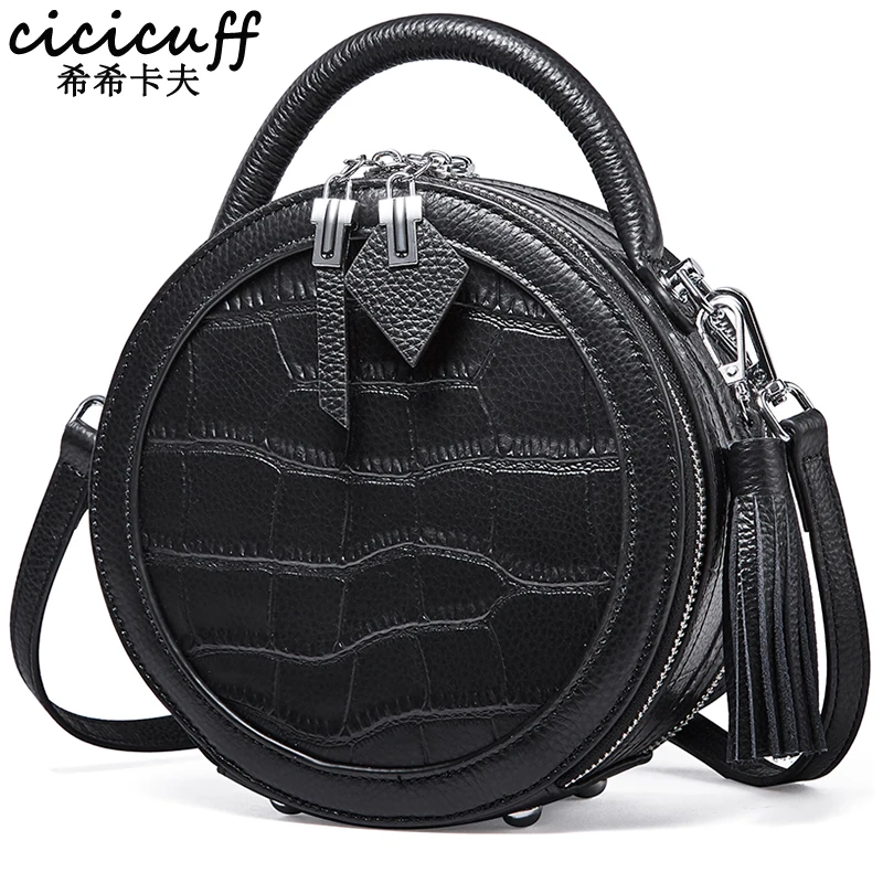 

Genuine Leather Shoulder Bag Ladies Round Bag Crocodile Luxury Handbag Crossbody Bags for Women Circle Bolsa Tassel Sac A Main