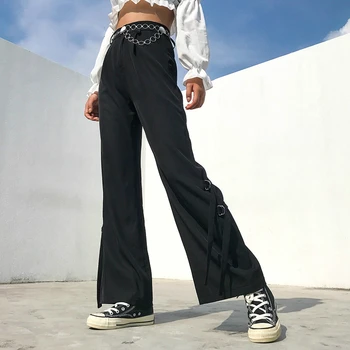 

Mazefeng Black Solid High Waisted Wide Leg Pants Ribbon Patchwork Korean Style Women Casual Loose Flare Pants Autumn Streetwear