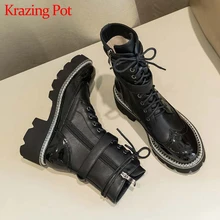 Krazing Pot/Водонепроницаемые ботинки из натуральной кожи; зимние женские ботильоны на шнуровке с круглым носком на высоком каблуке с пряжкой и ремешком; L78
