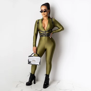 

Autumn Long Sleeve V-Neck Zipper Jumpsuit Women Sexy High Waist Slim Jumpsuits Fashion Solid Color Night Club Rompers Plus Size