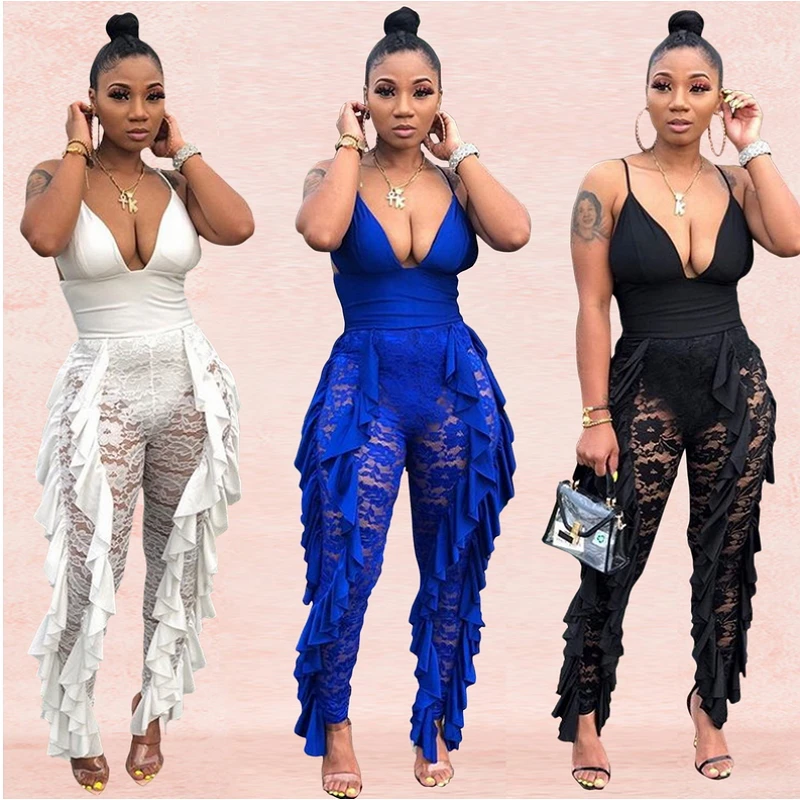 

2019 Deep V Neck Lace Crochet Patchwork Bandage Rompers Womens Jumpsuit Long Pants Ruffles Sheer Sexy Overalls Backless Bodysuit