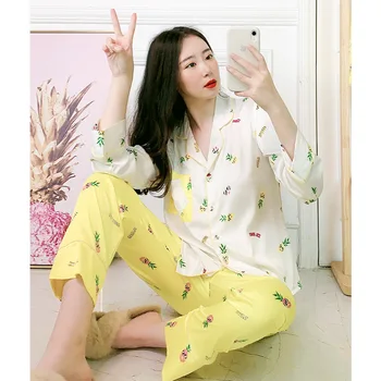 

Women Pajama Printing Pyjama Female Spring Summer Soft Pijama Casual Homewear Ladies Rayon Sleepwear 2Pieces Set Nightwear
