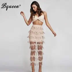 Bqueen/2019, женские комплекты из 2 предметов, короткий топ с бретельками и бисером, с кисточками и вырезами, юбка, новые модные комплекты, Vestidos