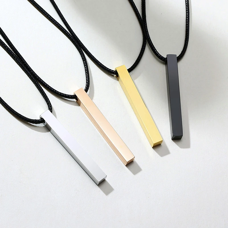 MEN SQUARE BAR PENDANT GIFT FOR HIM LEATHER NECKLACE FOUR SIDES ENGRAVING ENGRAVING PERSONALIZED