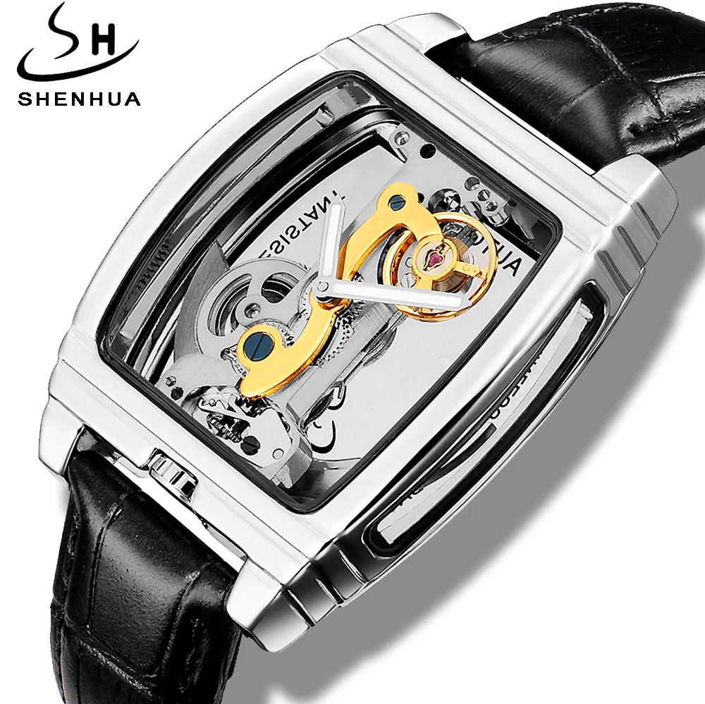 

2019 Fashion SHENHUA Men Automatic Mechanical Watch Steampunk Leather Luminous Waterproof Watch Montre Homme
