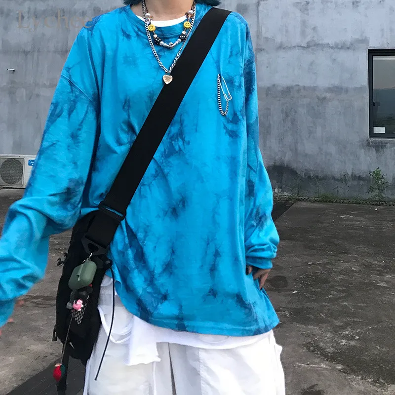 Lychee Harajuku, женские футболки с галстуком, цветные женские футболки, топы, футболки с длинным рукавом, свободные женские футболки, топы, футболки