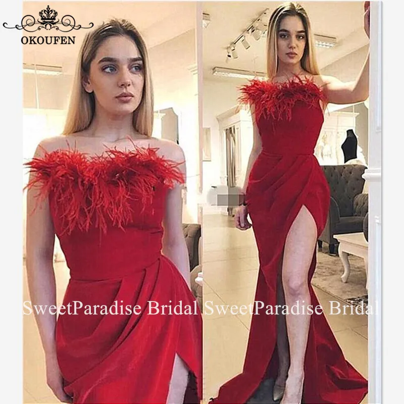 

Chic Long Red Evening Dress With Feather Strapless Side Split Mermaid Runway Prom Dresses For Women Robe De Soiree