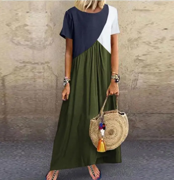 Tanie 2019 kobiety sukienki długie maxi sukienki dla kobiet vestidos sukienka na co dzień plaża Patchwork kolor luźne na co dzień Plus rozmiar sukienka