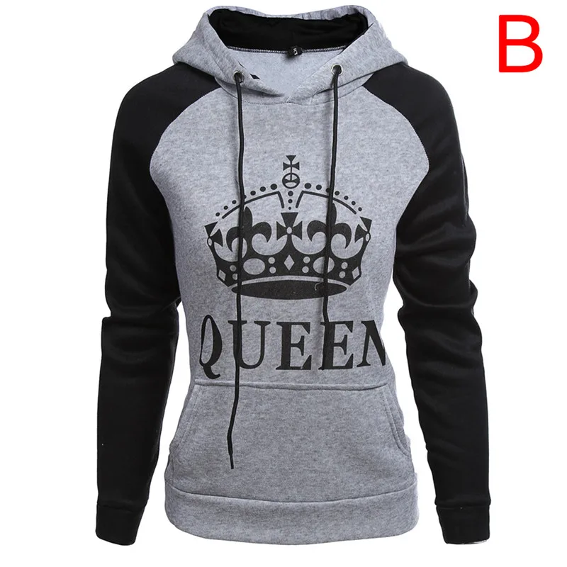 QUEEN female Зимние Лоскутные пуловеры с капюшоном ING QUEEN с принтом короны унисекс для мужчин и женщин осенние толстовки Тонкий свитшот для влюбленных пар - Цвет: QUEEN female