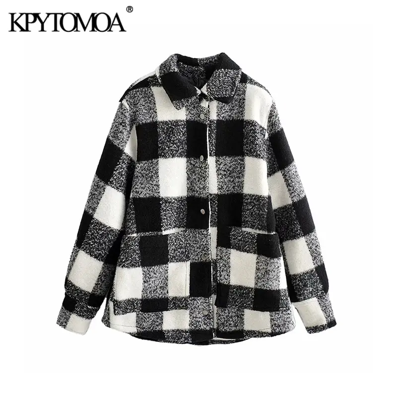 

Vintage Stylish Pockets Plaid Loose Woolen Jacket Coat Women 2020 Fashion Lapel Collar Long Sleeve Female Outerwear Chic Tops