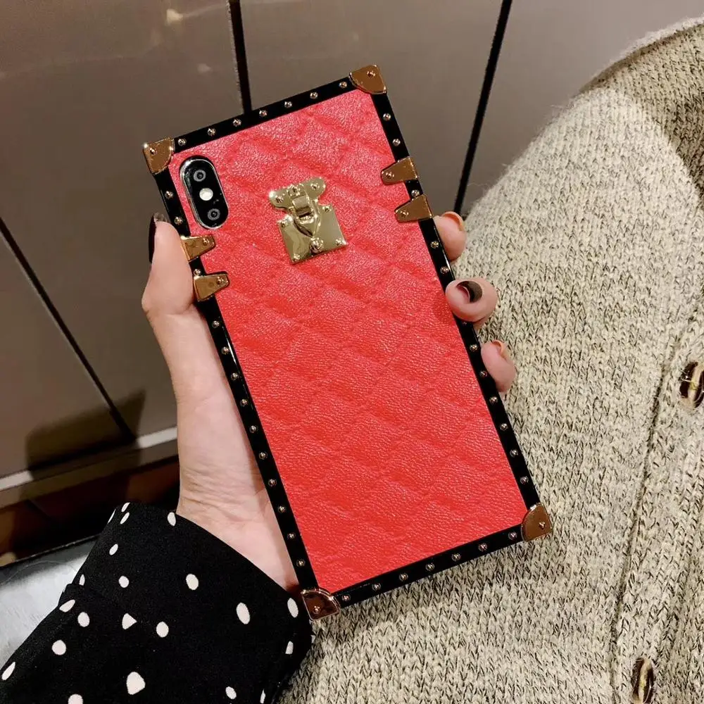Red Квадратный решетчатый чехол для samsung Galaxy S9 S10 Plus Note 10 для iPhone 11 Pro X XR XS Max 7 8Plus Мягкий чехол из овечьей кожи pu - Color: Red