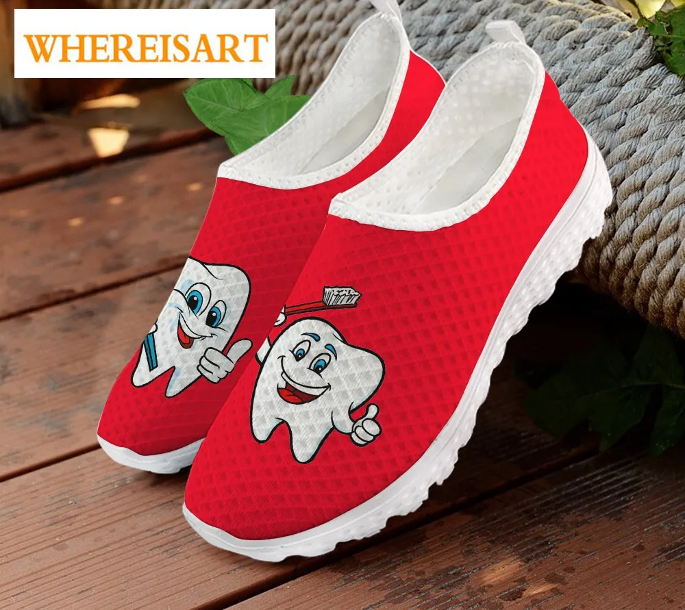 

WHEREISART Cute Cartoon Toothbrush Pattern Women Slip On Sneakers Teeth/Dental/Dentist Ladies Shoes Casual Summer Femalel+Shoes