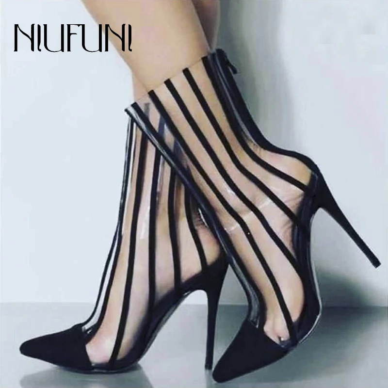 

NIUFUNI PVC Transparent Ankle Boots Pointed Toe Zip Stiletto High Heels Women Black Striped Boots Shoes Rain Boots Botas mujer