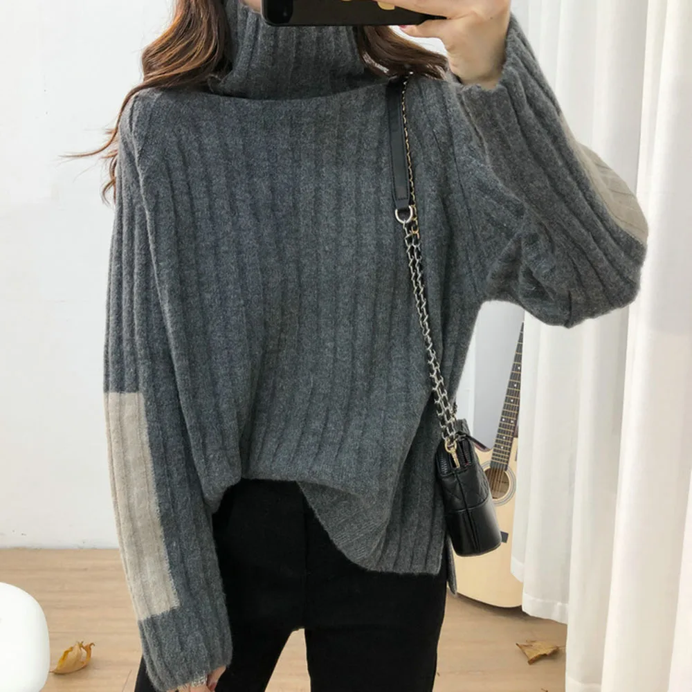 

Sweater Women Color Block Turtleneck Sweater Women's Fall Winter Wear Loose Lazy Thick Split Bottoming Sweater Female Pullover