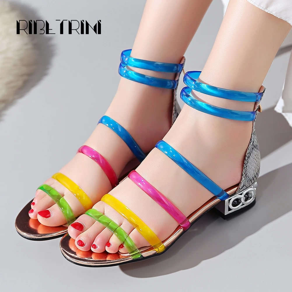 

RIBETRINI Gladiator Women Colorful Jelly Belt Summer Shoes Woman Rainbow Chunky Heels Open Toe Summer Casual Sandals