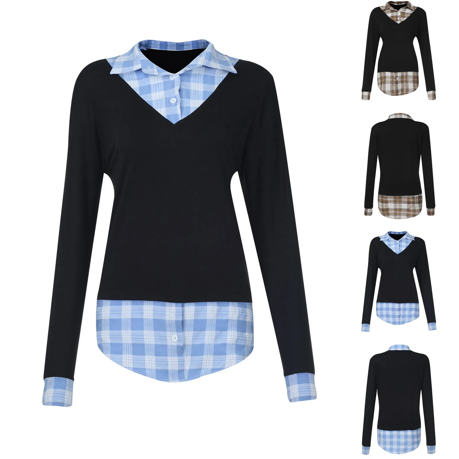 Fashion Blouse 2021 Fashion Womens Fake Two Pieces Of Lattice Stitching Long-Sleeved All-match Tops blouses blusas mujer 1