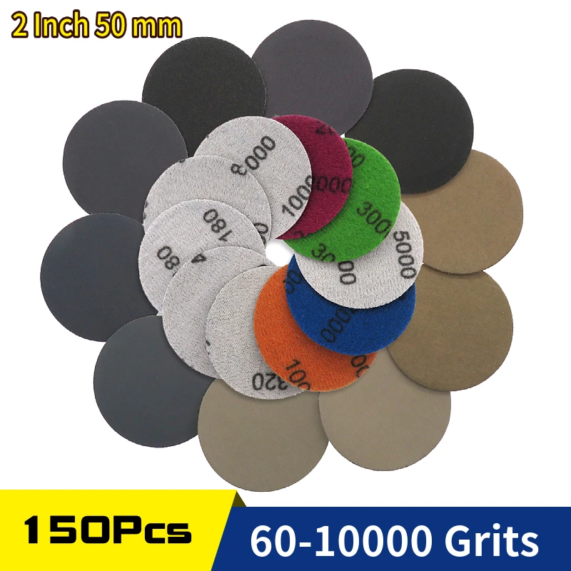 

150Pcs 2 Inch Waterproof Sandpaper 50mm Sanding Discs Hook & Loop Wet/Dry 60 -10000 Grit For Car Metal Phone Wood Polishing