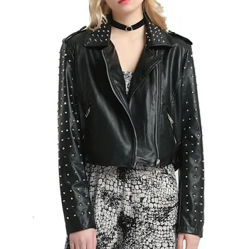 

Rivets Women Faux Leather Jackets Gothic Spring Autumn Slim Motorcycle PU Zipper Punk Coat Fashion Female Outerwear Jackets