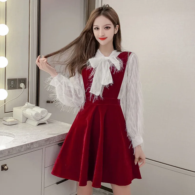 

Photo Shoot 2020 Early Spring New Style French Victoria Retro Tassels Two-Piece Dress