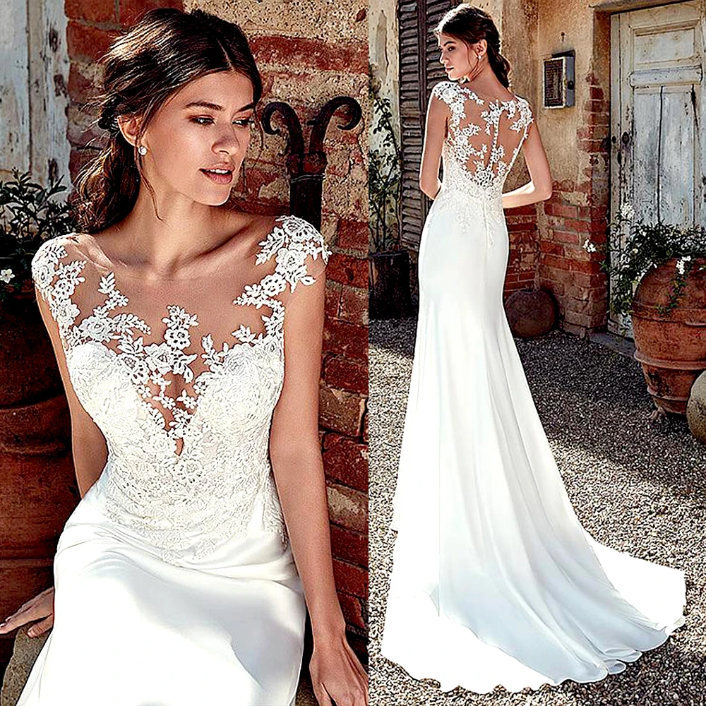 

Cap Sleeves Lace Mermaid Boho Wedding Dress Robe De Mariee 2019 Nude Tulle Back Bridal Gowns Vestidos De Novia Bride Dresses