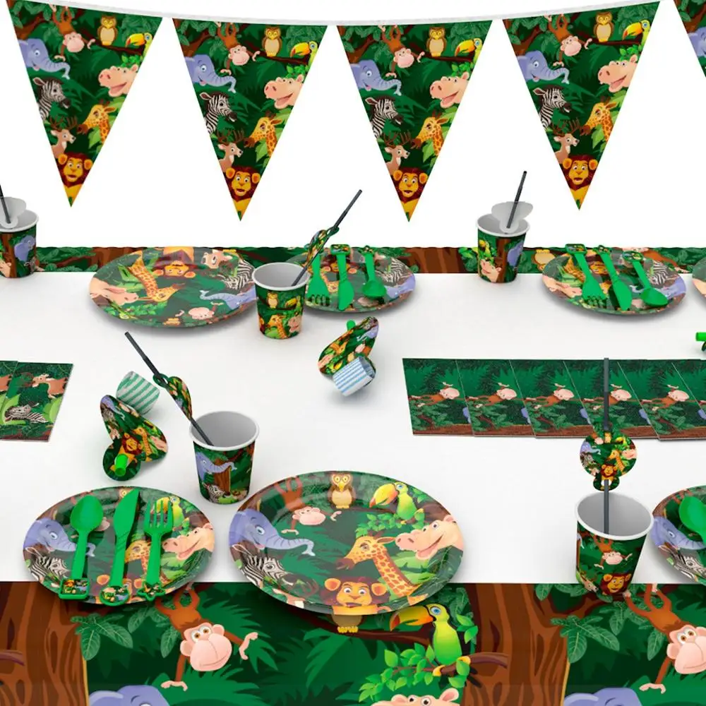

QIFU Green Safari Party Disposable Plates Cups Nakpin Jungle Animal Party Supplies Happy Birthday Party Baby Shower Kids Favors