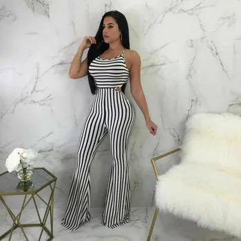

Newly Trendy Stripe Print Jumpsuit V-neck Sexy Club Party Rompers Sleeveless Backless 2020 White Summer Trousers Jumpsuits Lady