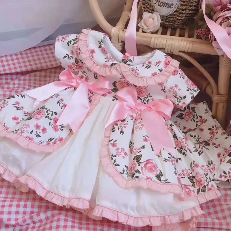 От 0 до 6 лет, весенне-летние вечерние платья в стиле Лолиты в испанском стиле с розовыми цветами для девочек, бальное платье принцессы с короткими рукавами и бантом для детей, 3 предмета