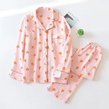 

Pajamas Set for Ladies Spring and Autumn Cotton Long-sleeved Home Clothes Double-layer Large Size Pigiama Donna Cotone Women
