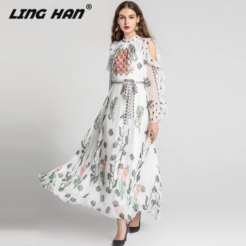 Многоцветный LINGHAN каникулы печати шифоновое платье сексуальное с открытыми плечами элегантные оборками миди платья дизайнер Весна Лето - Цвет: Многоцветный