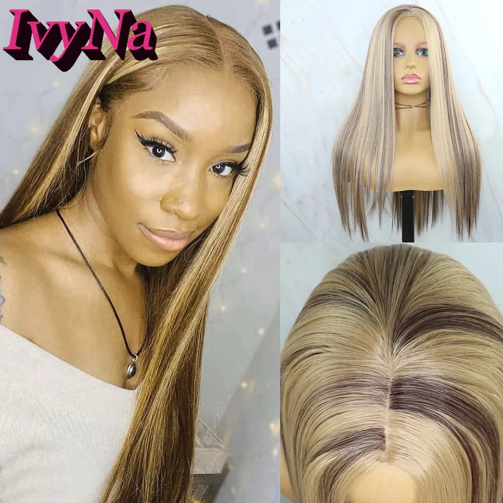 IvyNa D33/103 Blonde Ombre Synthetic Wigs Brown Highlight For Black Women Long Straight Silk Base Full Machine Made |
