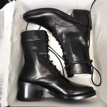 

Lace Up Women Boots New Fashion Round Toe Ladies Shoes Black Round Med Heeled Riding Women Shoes Ankle Boots