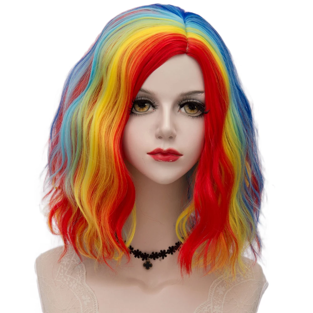 Косплей микс 35 см многоцветный Лолита косплей пушистый кудрявый Хэллоуин Радужный Омбре синтетический парик+ Кепка - Цвет: Rainbow wig 02