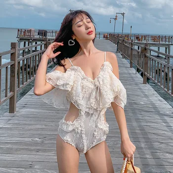 

One Peice Swimsuit Women Woman 2020 Swimwear New Feeling Backless Hollow Bubble Swimming Suits Solid Polyester