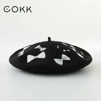 

COKK Bow Embroidered Wool Beret Autumn Winter Hats For Women Ladies Painter Cap Flat Pink Beret Vintage Bonnet 2020 New Beanie