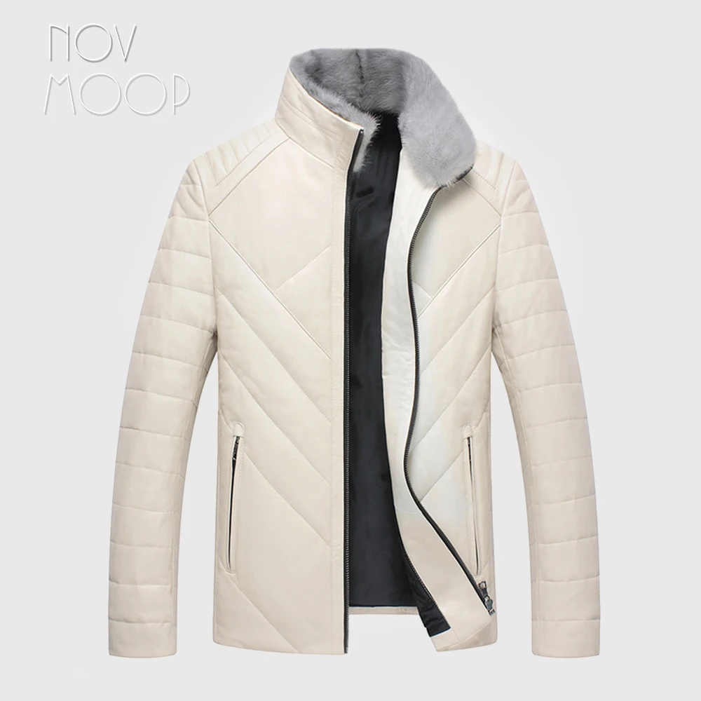 Novmoop Зимний толстый норковый меховой воротник мужской пуховик белый черный Овчина натуральная кожа легкое пальто para hombre LT2837