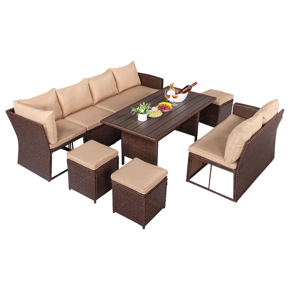 8Pcs Outdoor Patio Set Dining Table Chair Sofa Stool Brown Wood Grain Rattan Khaki Cushion Plastic Wood Surface[US-Stock]