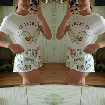 

Women Girls Summer Pajamas Set Cute Cartoon Avocado Letters Printed Short Sleeve Loose Tops Bowknot Shorts Jy15 20 Dropship