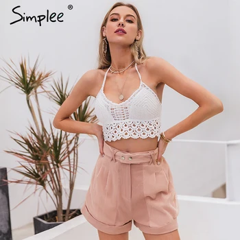 

Simplee Vintage white sexy lace tops camis shirt Women summer holiday beach club camis crop tops shirts Backless casual shirt