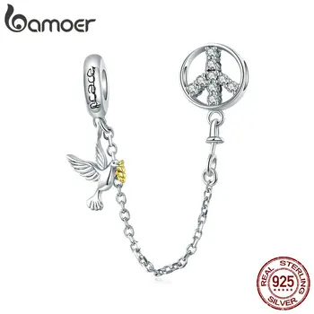 

bamoer 925 Sterling Silver Yearn for Peace Safety Chain Charm for Original Silver Bracelet Charms with Silicone Stopper BSC300
