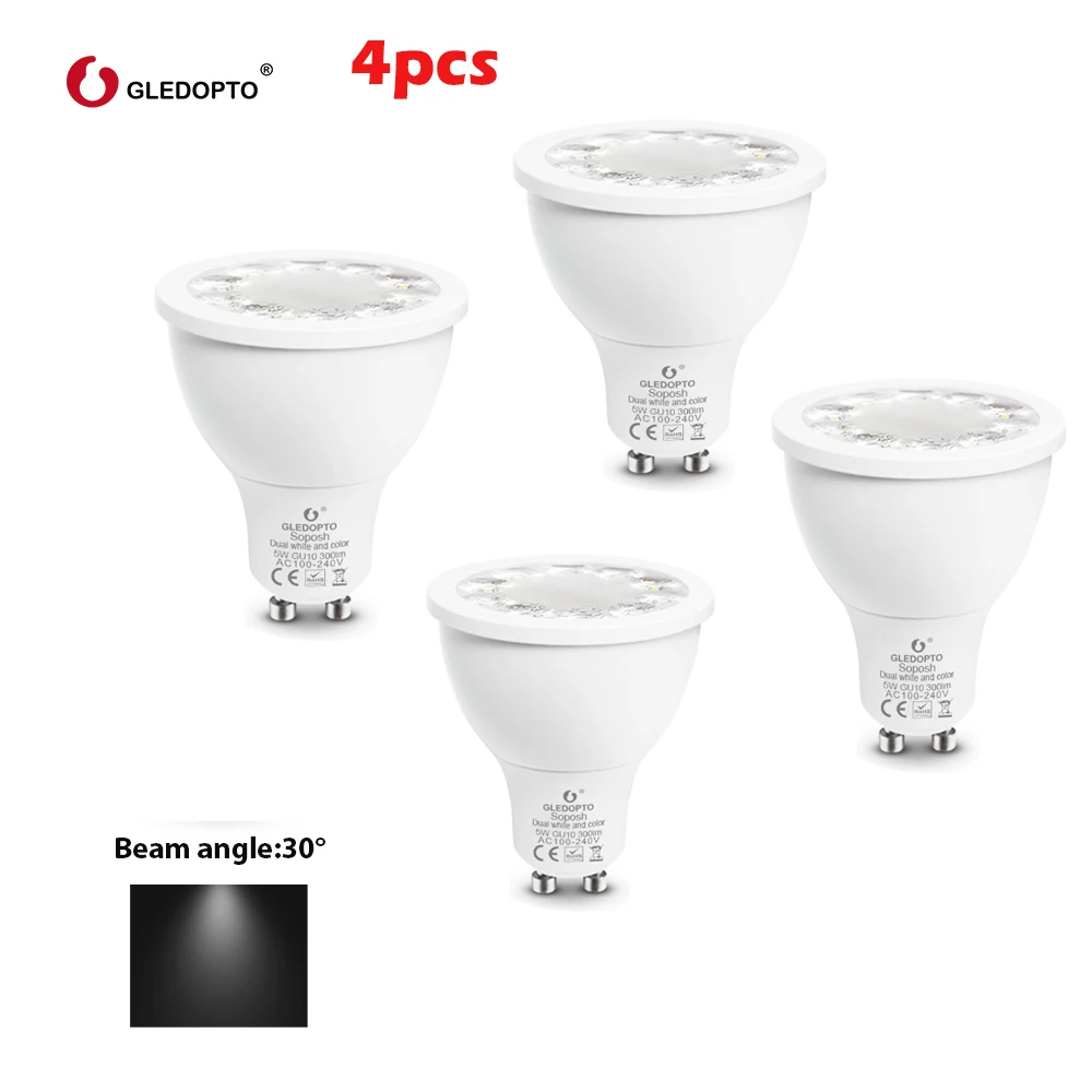 Zigbee RGB+ CCT 5 Вт GU10 умный Светодиодный точечный светильник умный дом AC100-240V изменение цвета светодиодный двойной белый светильник - Комплект: 4pcs Beam angle 30