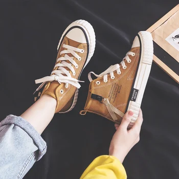 

Women Canvas Shoes 2020 Spring New Girl Casual Shoes Flat Heel High Top Zipper Solid Color High Quality Sneakers Students Khaki