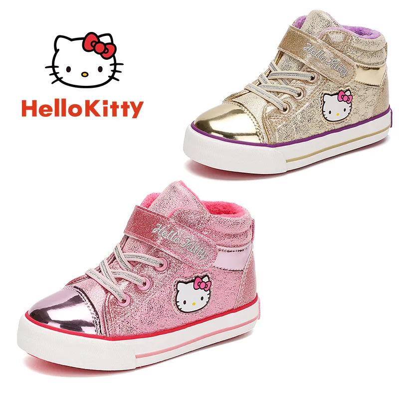 Hello Kitty Winter New Cute Children's Shoes Girls Plus Velvet Warm Casual Shoes Children Fashion Low-cut Non-slip Shiny Boots